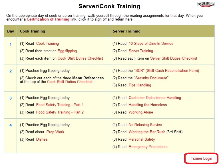 Image of Training Menu